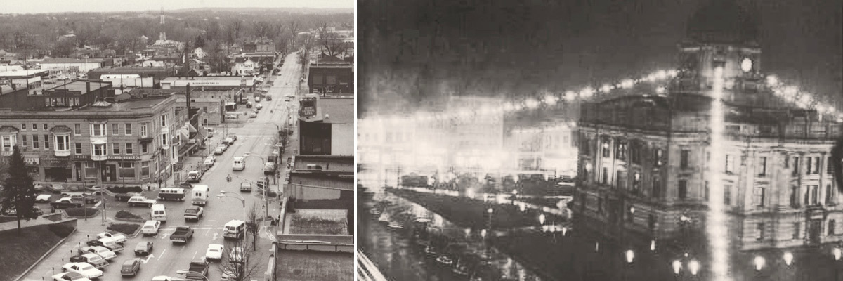 Old sepia photographs portraying downtown Bloomington in the late 1980s, while the second photos shows the courthouse from the 1930s.