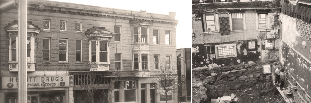 Two photos displaying the exterior and interior of Fountain Square prior to the renovation.