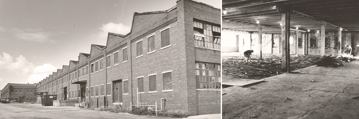 Two photos displaying the exterior and interior of Showers Building prior to the renovation.